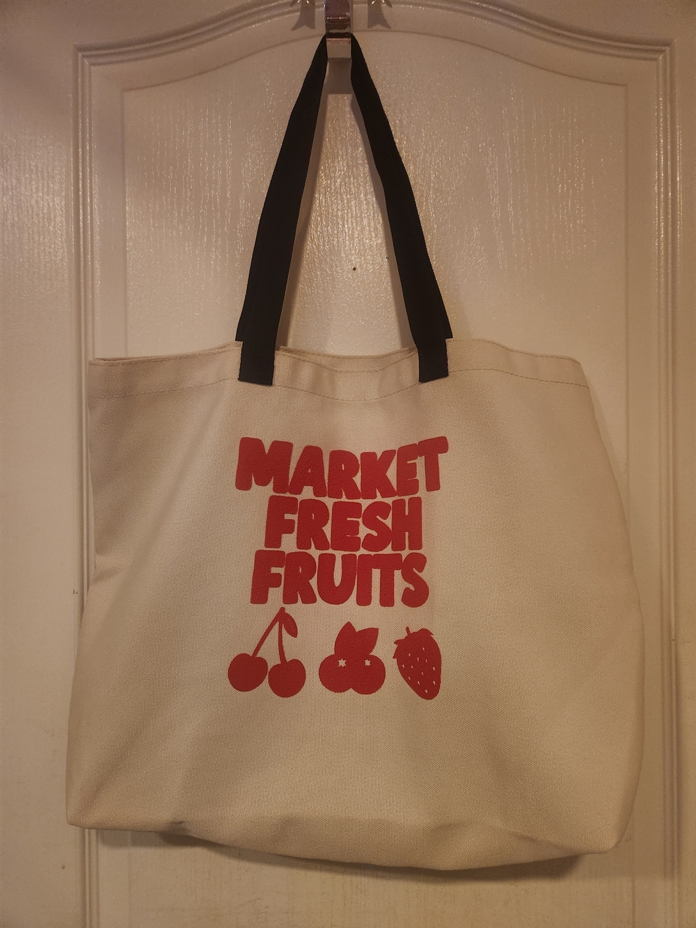 Cream Canvas Tote with Red 'Market Fresh Fruits' Graphic
